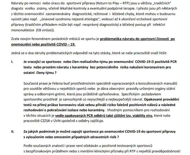 Návrat vrcholových sportovců do procesu vrcholové sportovní přípravy (RTP) po onemocnění a pozitivitě PCR vyšetření COVID -19